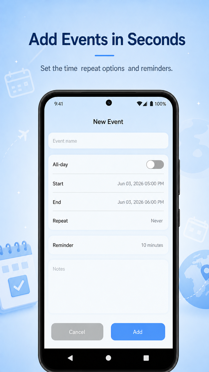 Add a new event screen